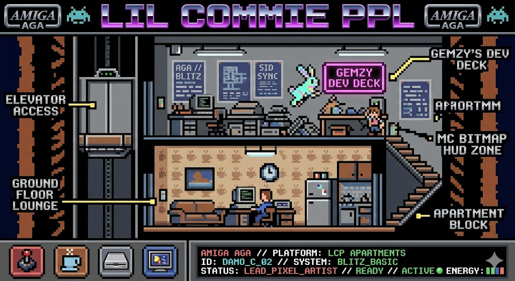 LIL COMMIE PPL Amiga AGA mockup by Gemzy Too — elevator, ground floor lounge, Gemzy Dev Deck, BLITZ_BASIC HUD
